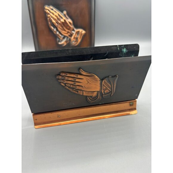 Vtg 70s Copper Guild Praying Hands Wall Art Plaque Napkin Holder Set - Picture 9 of 10